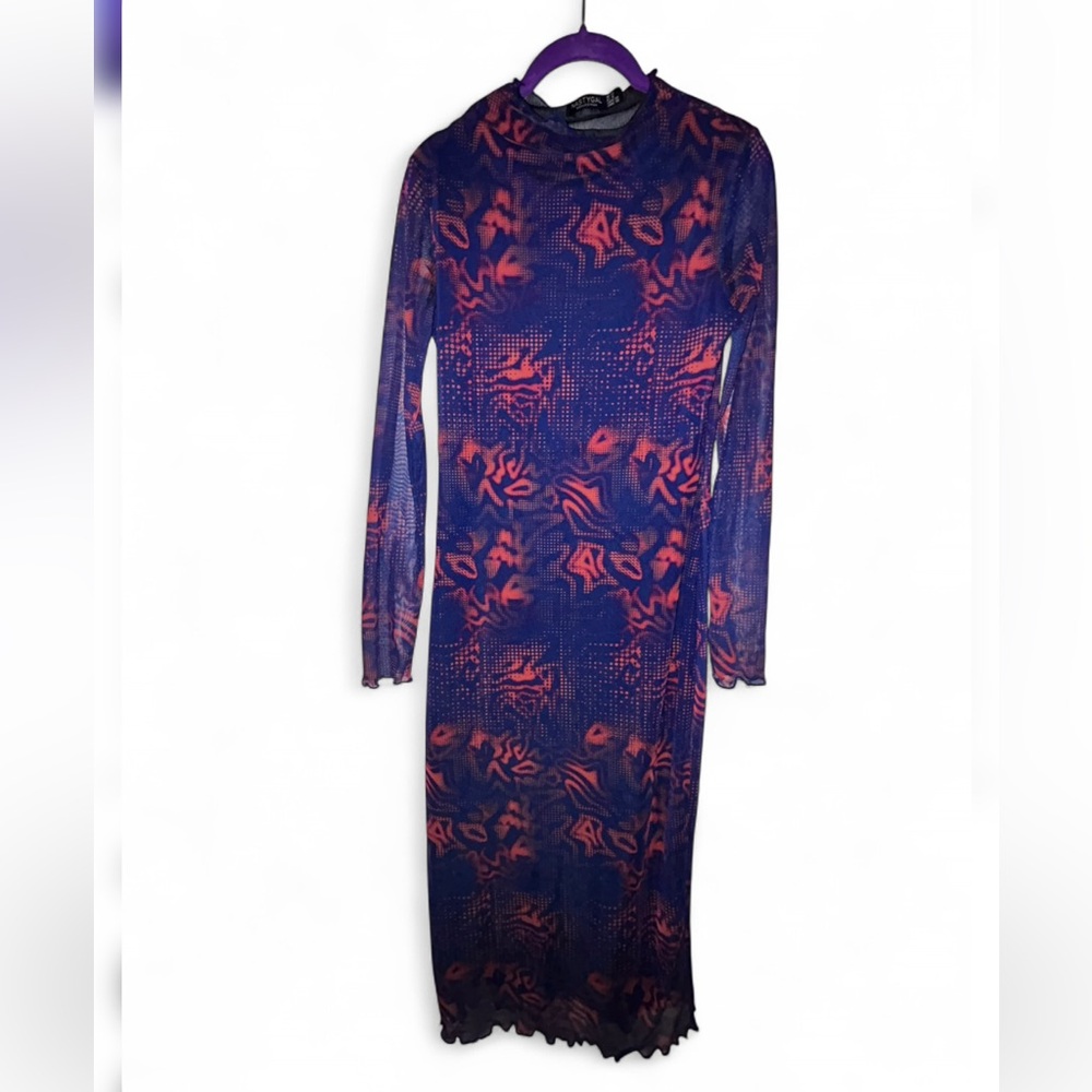 Nasty Gal Blue and Orange Abstract Patterned Long Sleeve Maxi Dress